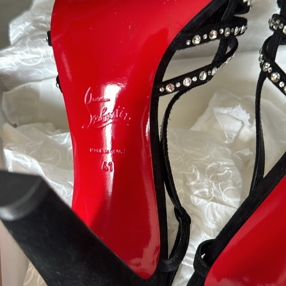 Christian Louboutin vegastrassima black suede rhinestone pump 100mm sz 41 - Picture 10 of 12